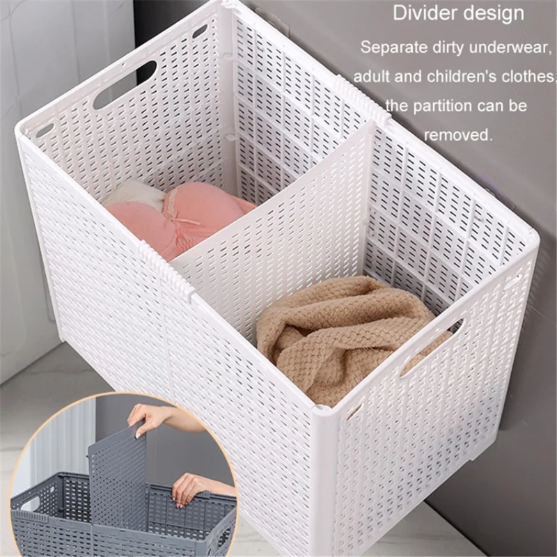 Size XL Partition Compartment Laundry Basket Foldable PP Clothes Hamper Box with Lid - Grey