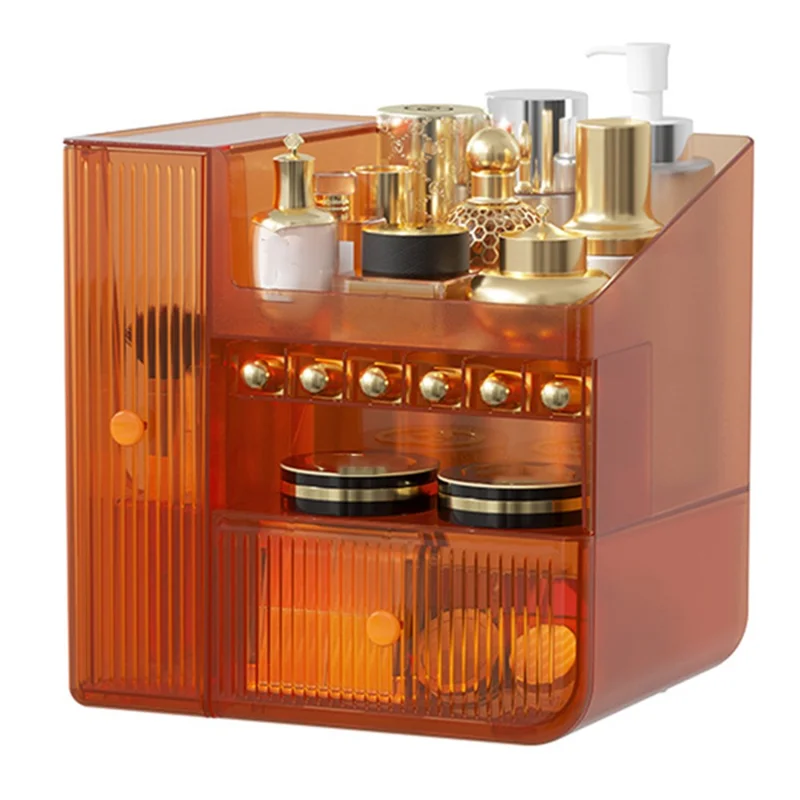 ZY-HZ010 Desk Multi-Layer Cosmetics Storage Box Dustproof Skincare Product Organizer - Transparent Orange