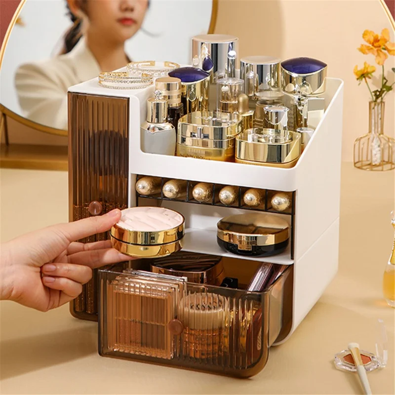 ZY-HZ010 Desk Multi-Layer Cosmetics Storage Box Dustproof Skincare Product Organizer - Transparent Orange