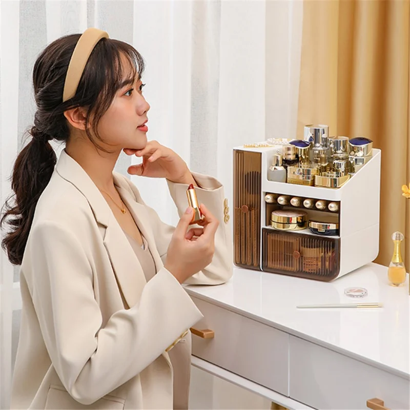 ZY-HZ010 Desk Multi-Layer Cosmetics Storage Box Dustproof Skincare Product Organizer - Transparent Orange