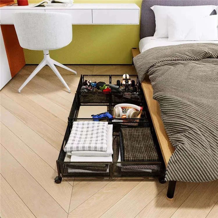 CD001 Carbon Steel Under Bed Organizer Clothing Shoe Toy Storage Rack with Wheels - Schwarz