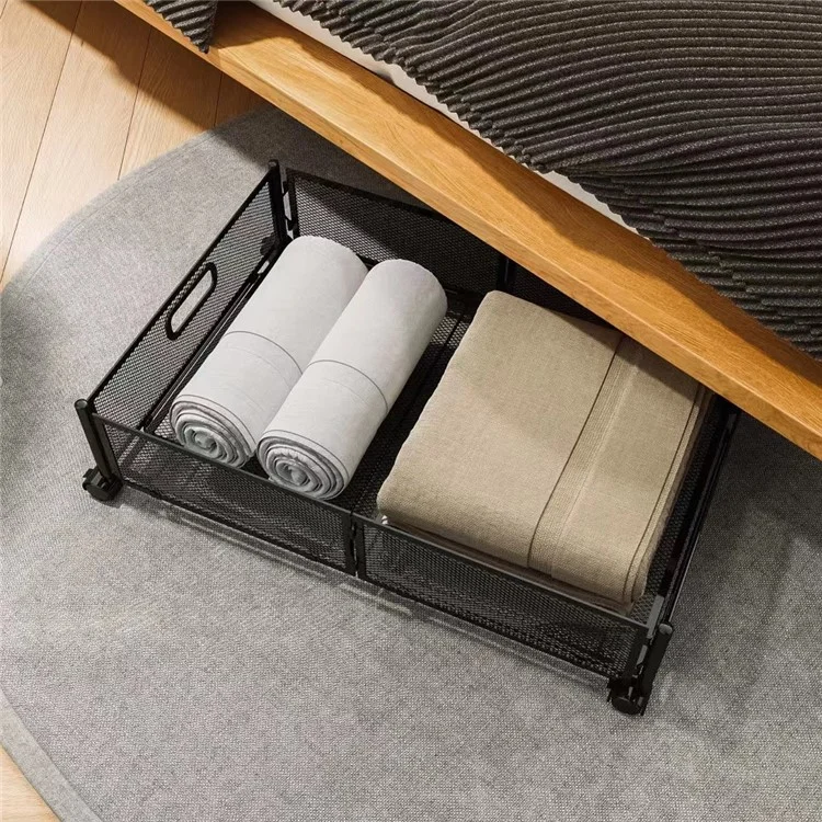 CD001 Carbon Steel Under Bed Organizer Clothing Shoe Toy Storage Rack with Wheels - Schwarz
