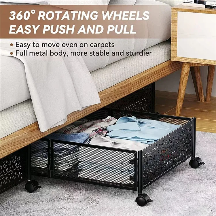 WG-200039J Flower Pattern Carbon Steel Under Bed Storage Rack Clothes Shoes Holder with Wheels - Black