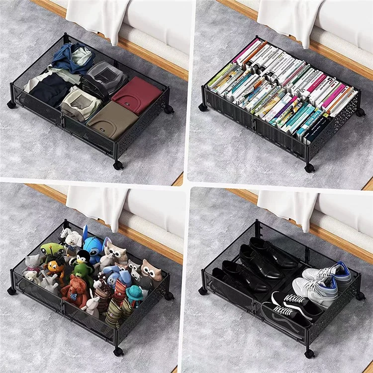 WG-200039J Flower Pattern Carbon Steel Under Bed Storage Rack Clothes Shoes Holder with Wheels - Black