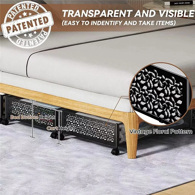 WG-200039J Rack de armazenamento sob a cama com rodas, em aço carbono com padrão floral - Preto 