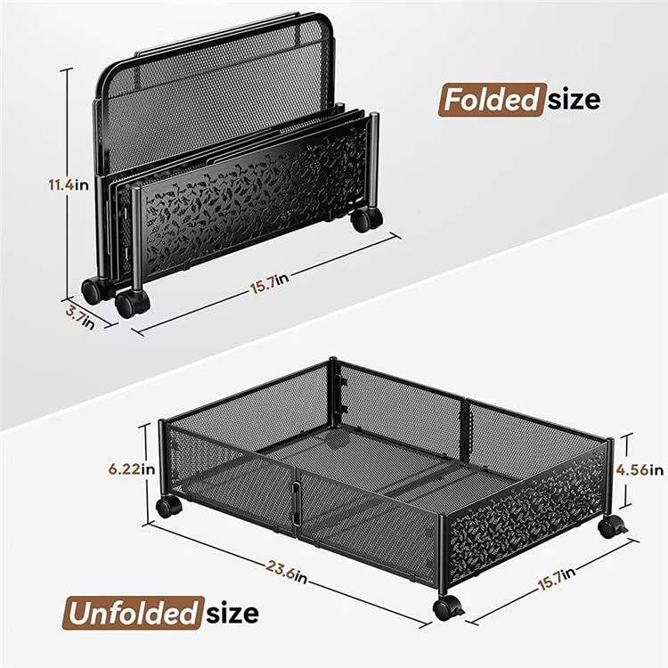 WG-200039J Flower Pattern Carbon Steel Under Bed Storage Rack Clothes Shoes Holder with Wheels - Black