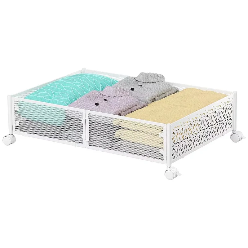 WG-200039J Flower Pattern Carbon Steel Under Bed Storage Rack Clothes Shoes Holder with Wheels - White