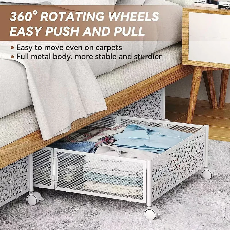 WG-200039J Flower Pattern Carbon Steel Under Bed Storage Rack Clothes Shoes Holder with Wheels - White