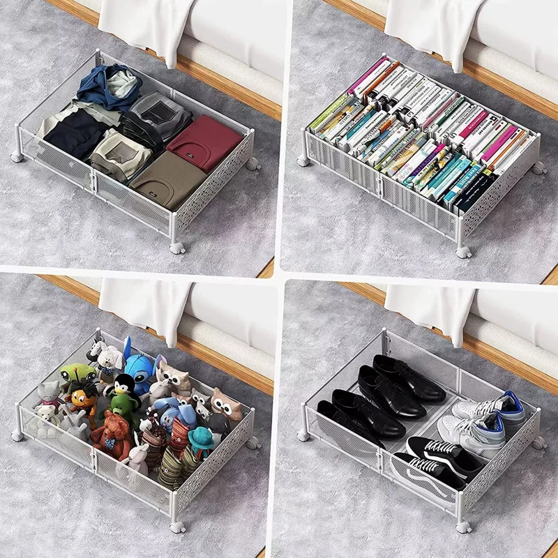 WG-200039J Flower Pattern Carbon Steel Under Bed Storage Rack Clothes Shoes Holder with Wheels - White