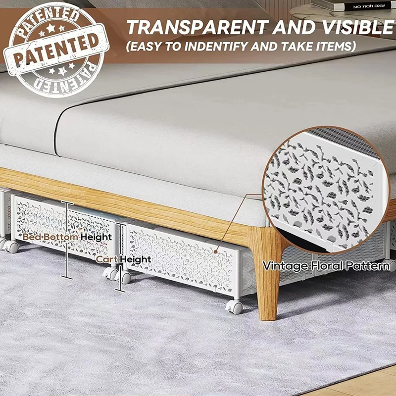 WG-200039J Flower Pattern Carbon Steel Under Bed Storage Rack Clothes Shoes Holder with Wheels - White