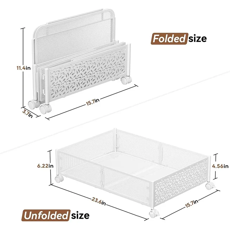 WG-200039J Flower Pattern Carbon Steel Under Bed Storage Rack Clothes Shoes Holder with Wheels - White
