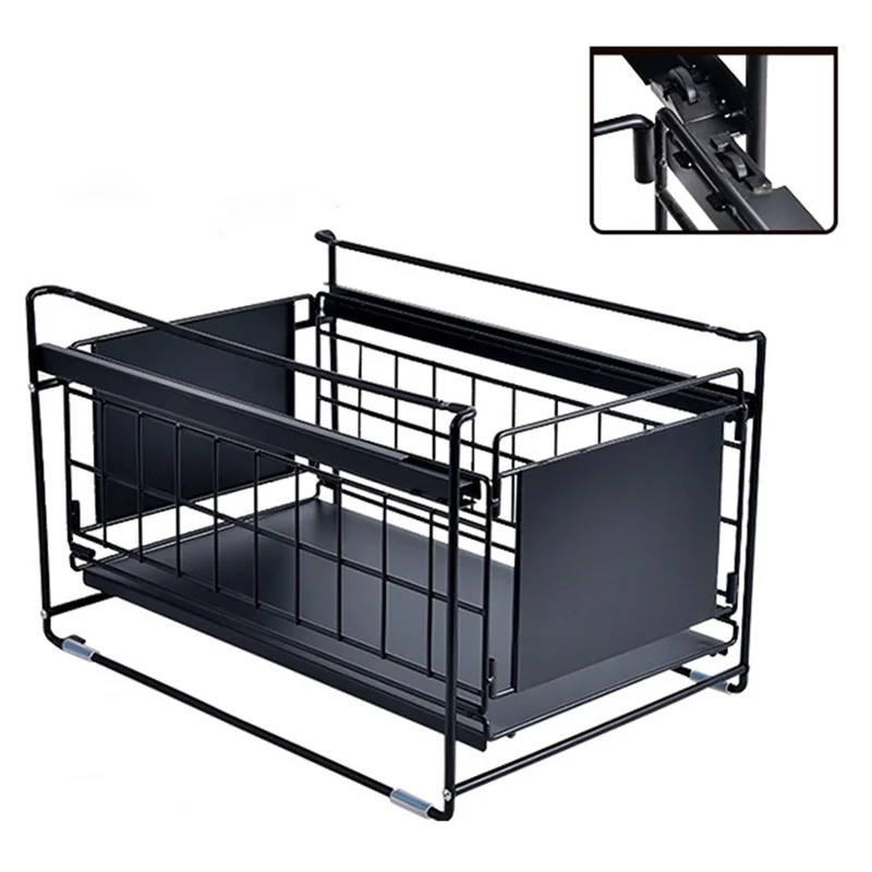 Carbon Steel Organizer Shelf with Wheels Kitchen Under Sink Storage Rack (No Lid) - Black