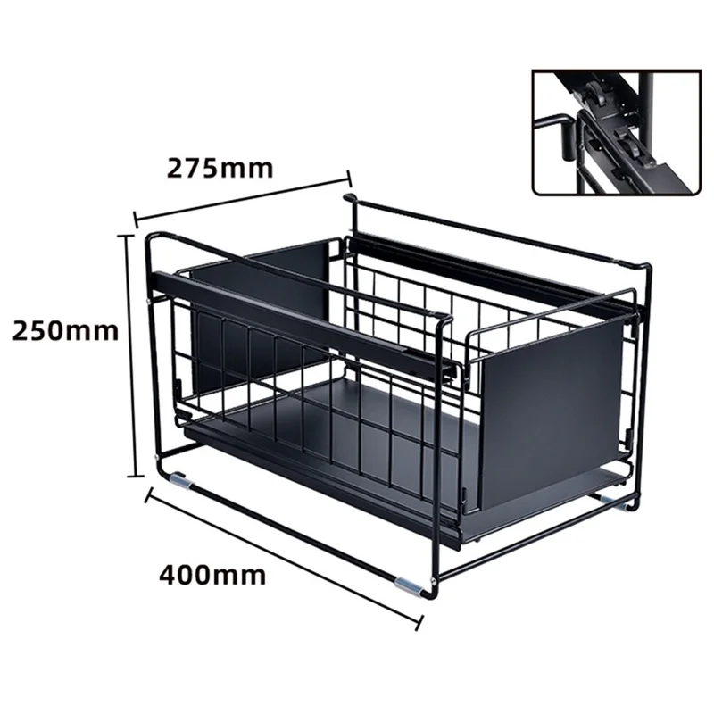 Carbon Steel Organizer Shelf with Wheels Kitchen Under Sink Storage Rack (No Lid) - Black