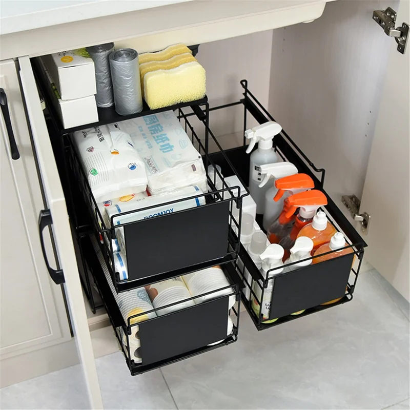 Kitchen Under Sink Organizer Shelf Carbon Steel Sliding Storage Rack with Lid - White