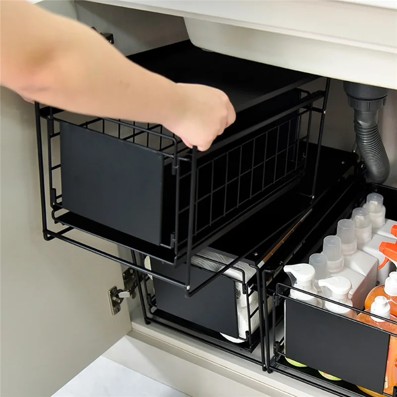 Kitchen Under Sink Organizer Shelf Carbon Steel Sliding Storage Rack with Lid - White