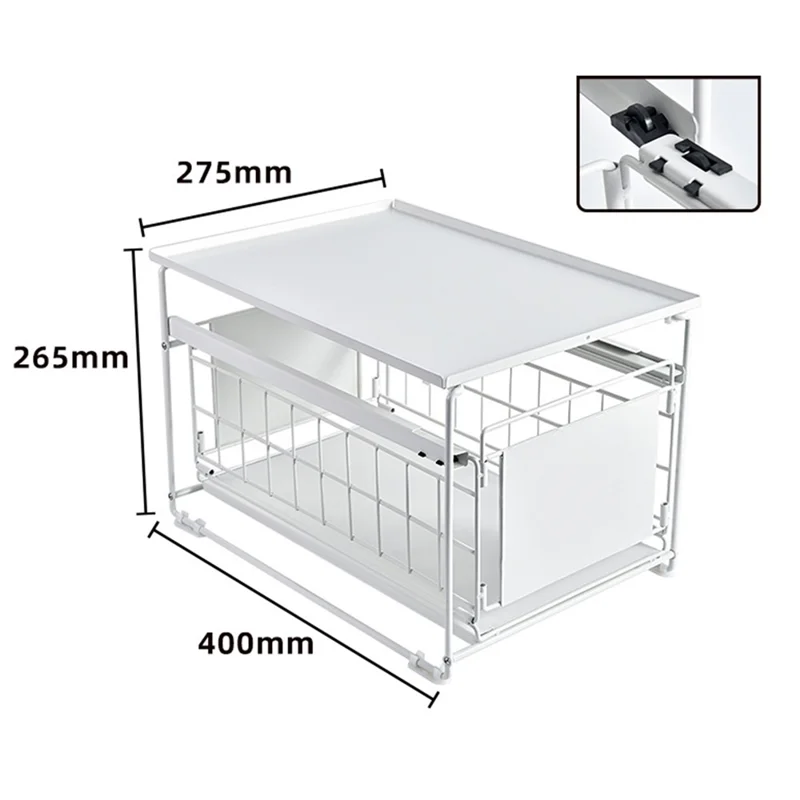 Kitchen Under Sink Organizer Shelf Carbon Steel Sliding Storage Rack with Lid - White