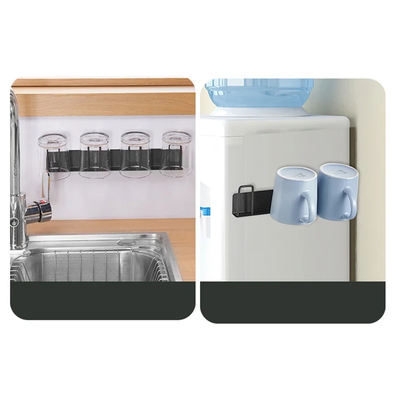 4-Hook Carbon Steel Organizer Rack Drill Free Wall Mounted Cup Holder - Black