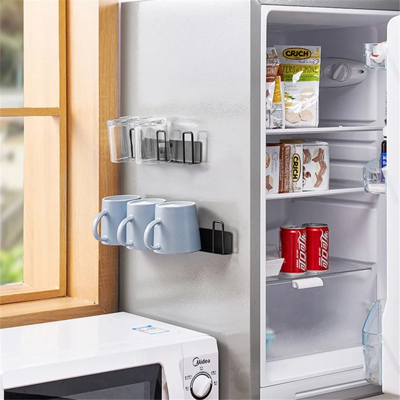 4-Hook Carbon Steel Organizer Rack Drill Free Wall Mounted Cup Holder - Black