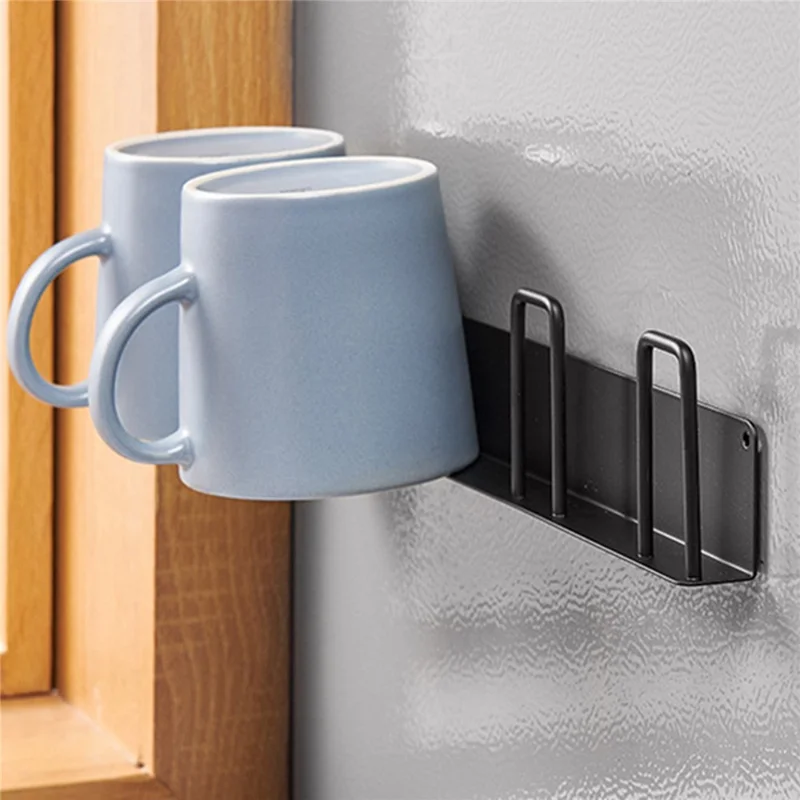 4-Hook Carbon Steel Organizer Rack Drill Free Wall Mounted Cup Holder - Black