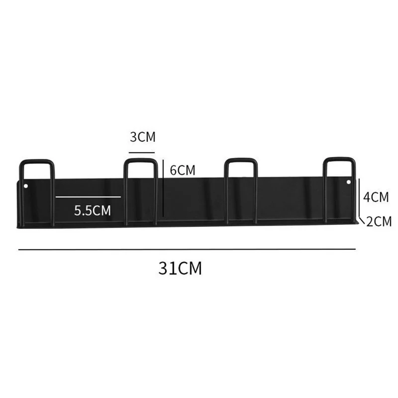 4-Hook Carbon Steel Organizer Rack Drill Free Wall Mounted Cup Holder - Black