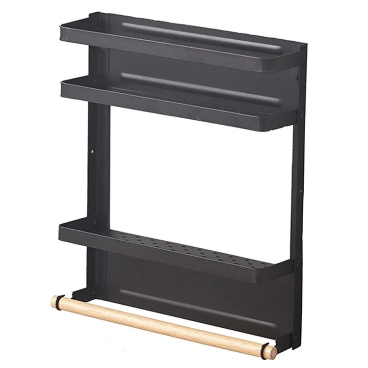 Frigorifero Magnetic Folding Carbon Steel Storage Rack with Wooden Rod, Dimensione S - Nero
