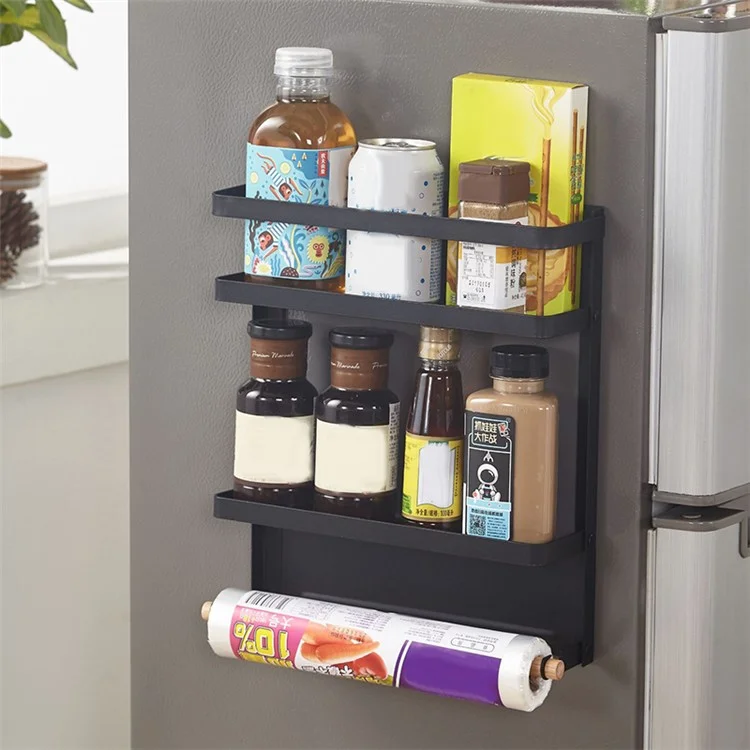 Frigorifero Magnetic Folding Carbon Steel Storage Rack with Wooden Rod, Dimensione S - Nero