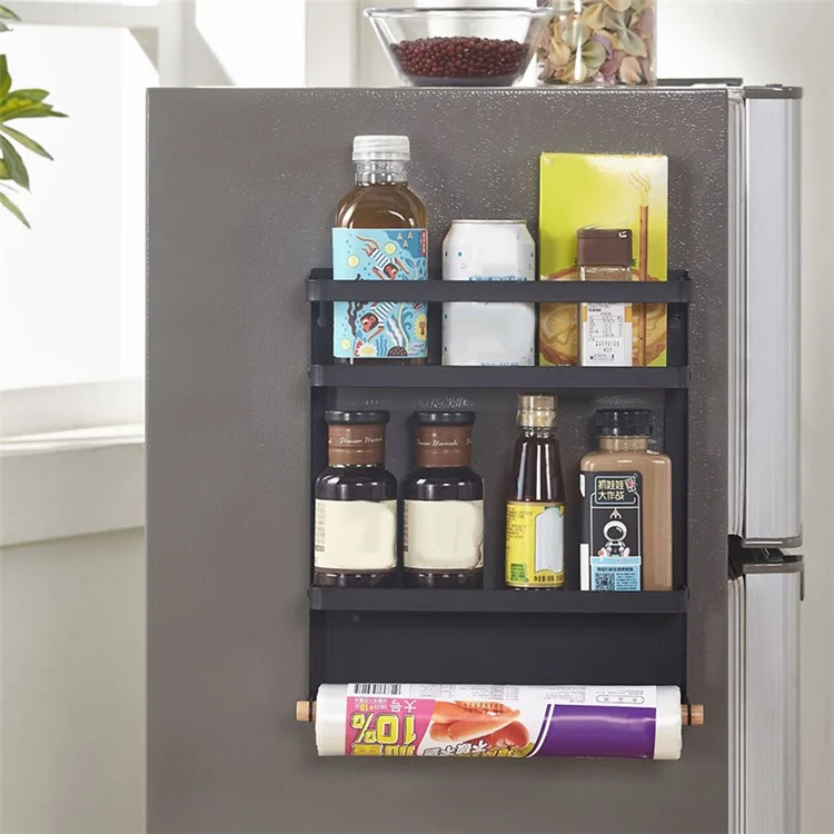 Frigorifero Magnetic Folding Carbon Steel Storage Rack with Wooden Rod, Dimensione S - Nero