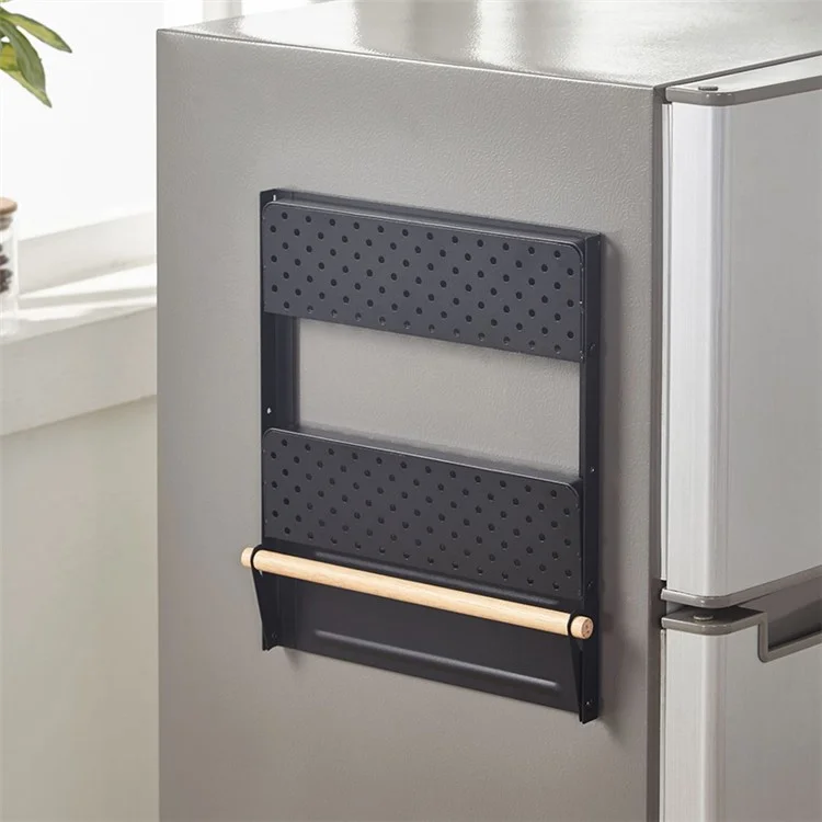 Frigorifero Magnetic Folding Carbon Steel Storage Rack with Wooden Rod, Dimensione S - Nero
