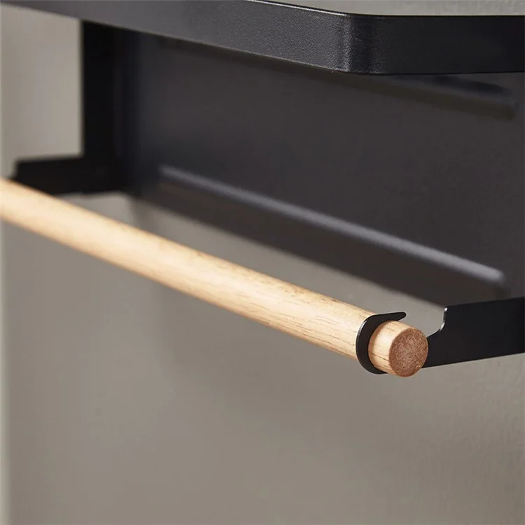 Frigorifero Magnetic Folding Carbon Steel Storage Rack with Wooden Rod, Dimensione S - Nero