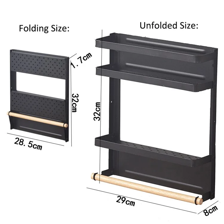 Frigorifero Magnetic Folding Carbon Steel Storage Rack with Wooden Rod, Dimensione S - Nero