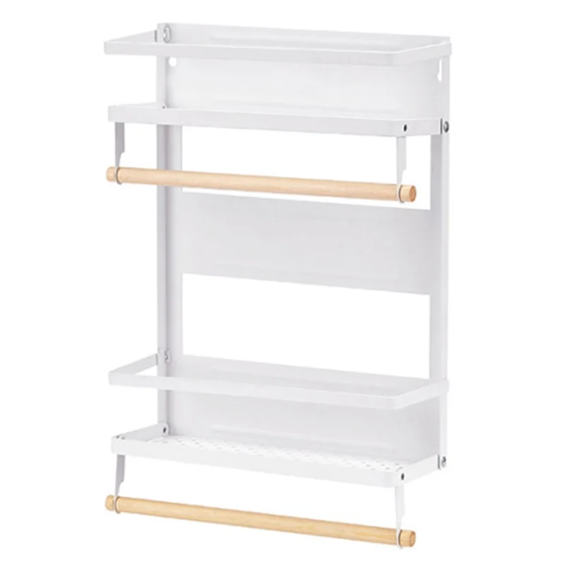 Carbon Steel Storage Rack Fridge Magnetic Folding Shelf with Wooden Rod, Size L - White