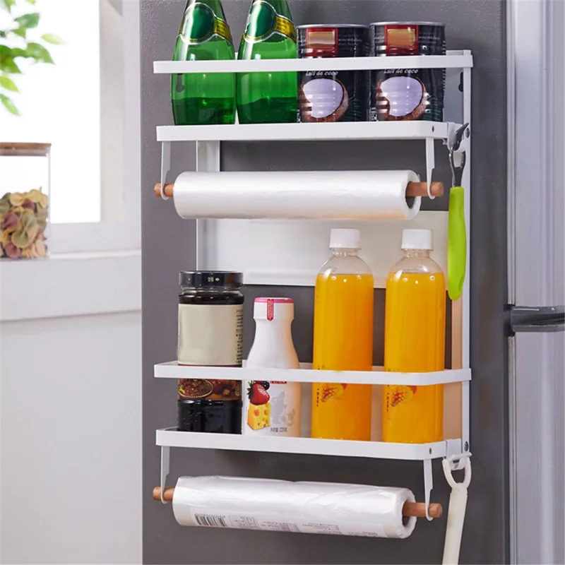 Carbon Steel Storage Rack Fridge Magnetic Folding Shelf with Wooden Rod, Size L - White