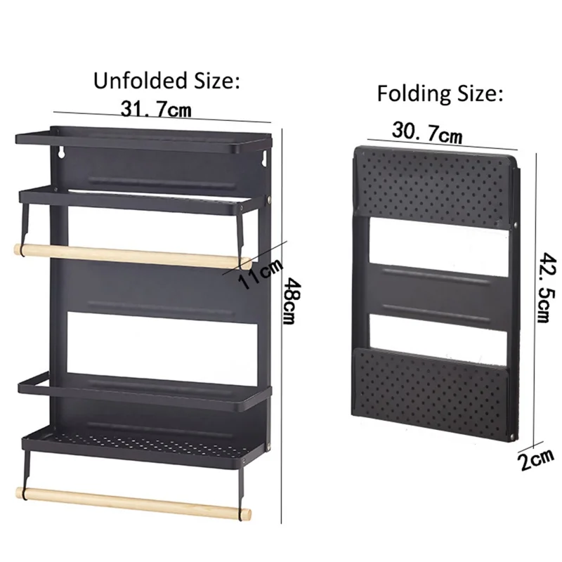 Carbon Steel Storage Rack Fridge Magnetic Folding Shelf with Wooden Rod, Size L - White