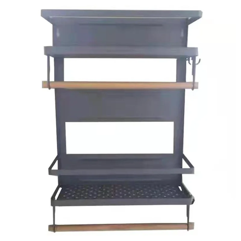 Carbon Steel Storage Rack Fridge Magnetic Folding Shelf with Wooden Rod, Size L - Grey