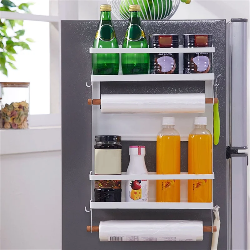 Carbon Steel Storage Rack Fridge Magnetic Folding Shelf with Wooden Rod, Size L - Grey