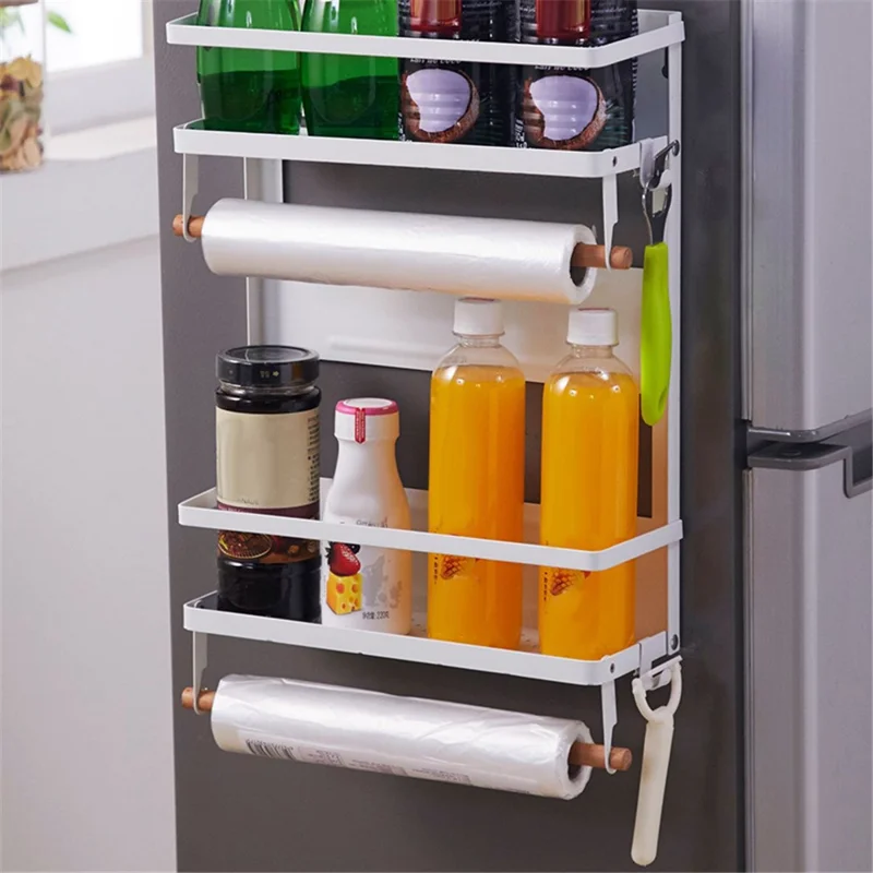 Carbon Steel Storage Rack Fridge Magnetic Folding Shelf with Wooden Rod, Size L - Grey