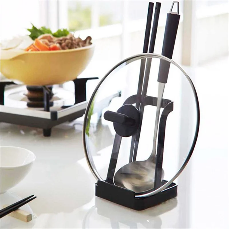 Pot Lid Stand Holder Carbon Steel Kitchen Pan Cover Soup Ladle Storage Rack - Style A / Black