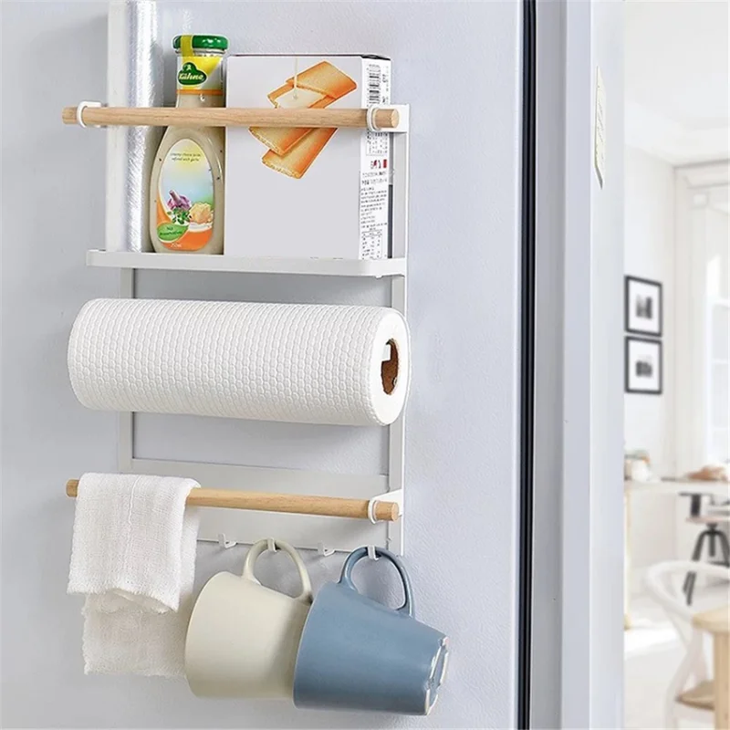 Iron+Wood Magnetic Refrigerator Storage Shelf Kitchen Tools Hanging Storage Rack - White