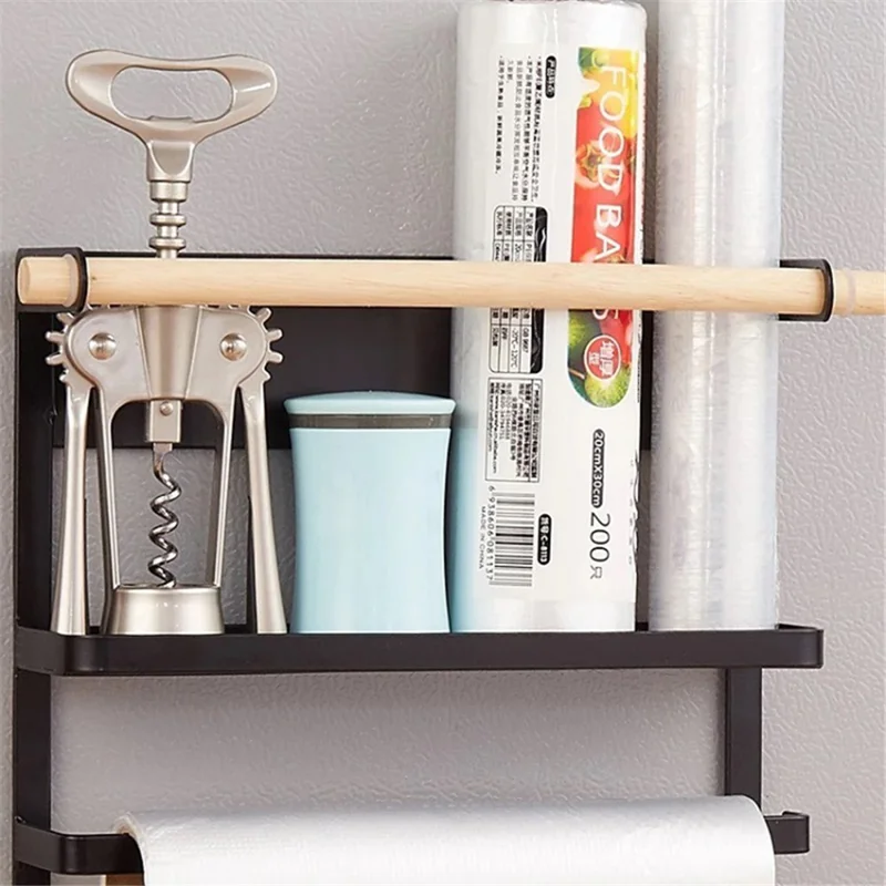 Iron+Wood Magnetic Refrigerator Storage Shelf Kitchen Tools Hanging Storage Rack - White