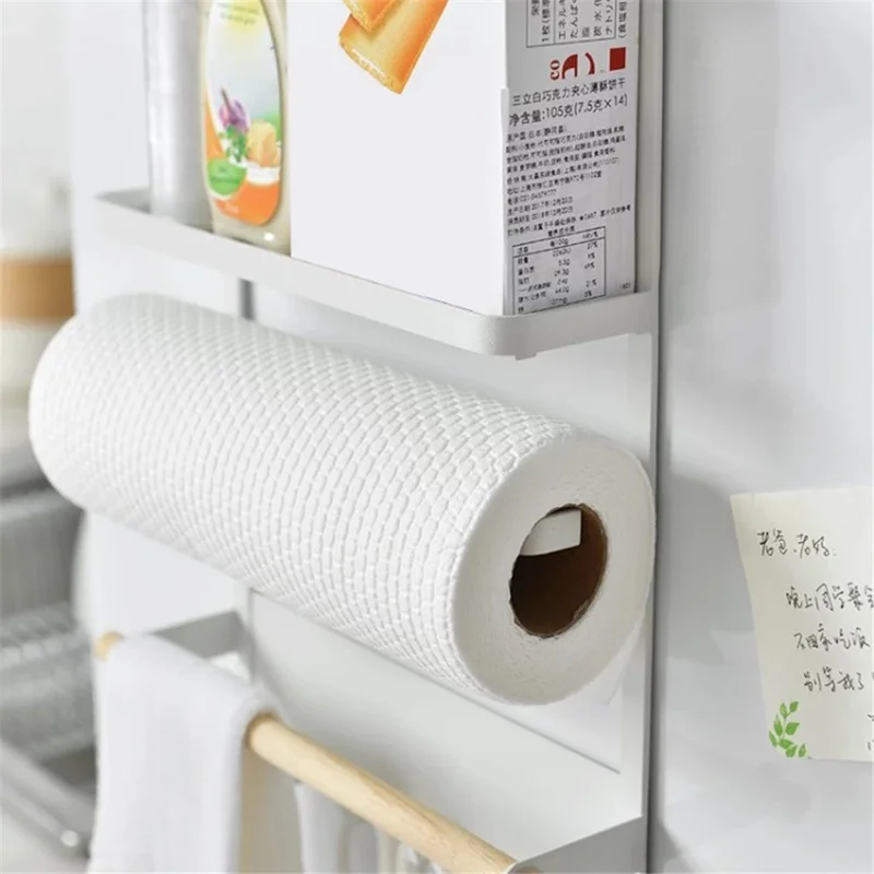 Iron+Wood Magnetic Refrigerator Storage Shelf Kitchen Tools Hanging Storage Rack - White