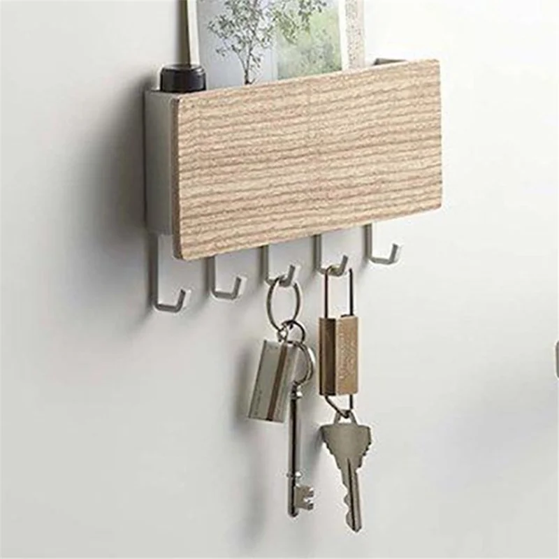 5-Hook Design Wall-mounted Home Entryway Key Hanging Shelf Sundries Storage Rack - Natural Wood Color