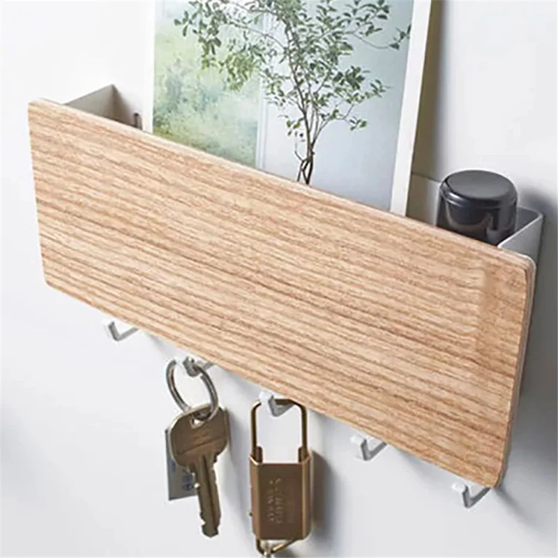 5-Hook Design Wall-mounted Home Entryway Key Hanging Shelf Sundries Storage Rack - Natural Wood Color