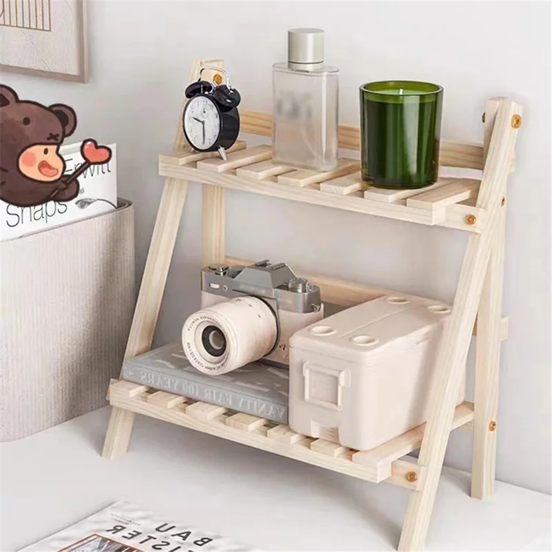 Multi-function Double Layer Flower Pot Storage Rack Foldable Wooden Shelf