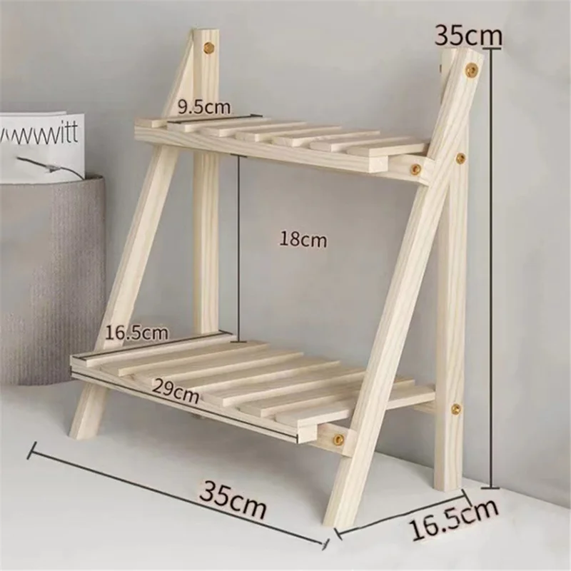 Multi-function Double Layer Flower Pot Storage Rack Foldable Wooden Shelf