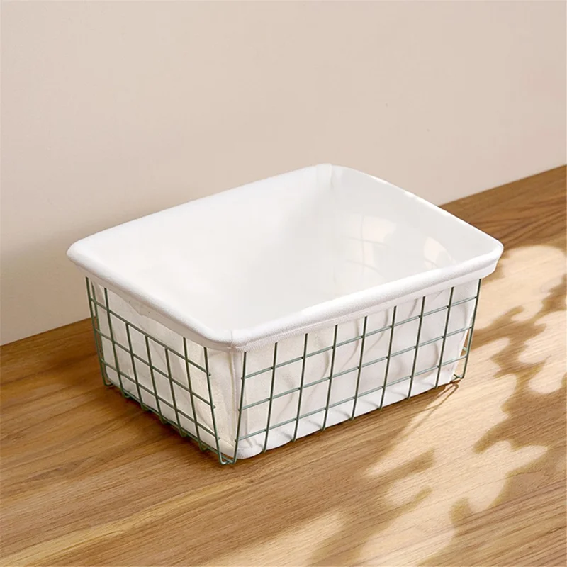 Hollow Iron Desktop Storage Basket Sundries Organizer with Canvas Liner - Green