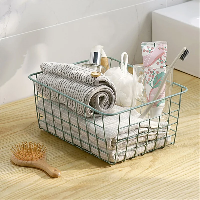 Hollow Iron Desktop Storage Basket Sundries Organizer with Canvas Liner - Green