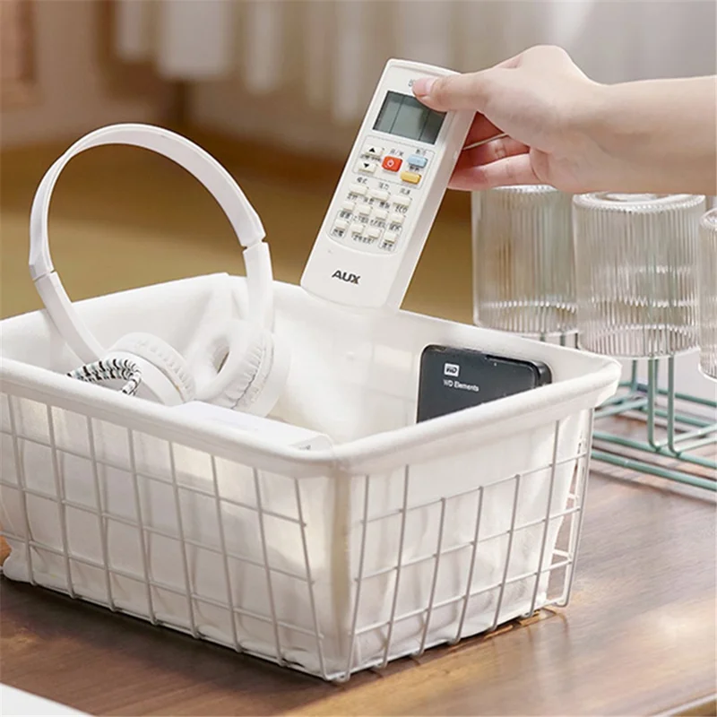 Hollow Iron Desktop Storage Basket Sundries Organizer with Canvas Liner - Green