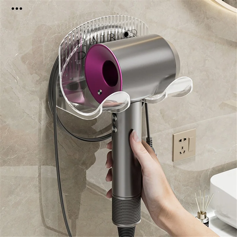 PS+ABS Bathroom Hair Dryer Storage Rack Punch Free Wall-Mounted Hanger - Transparent