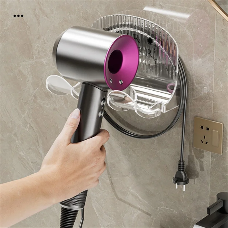 PS+ABS Bathroom Hair Dryer Storage Rack Punch Free Wall-Mounted Hanger - Transparent