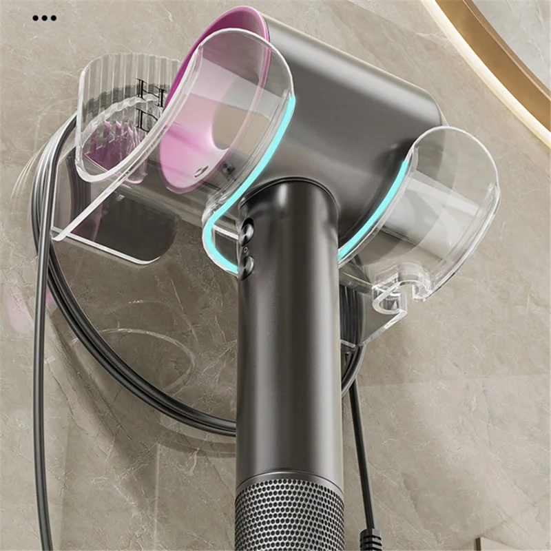 PS+ABS Bathroom Hair Dryer Storage Rack Punch Free Wall-Mounted Hanger - Transparent
